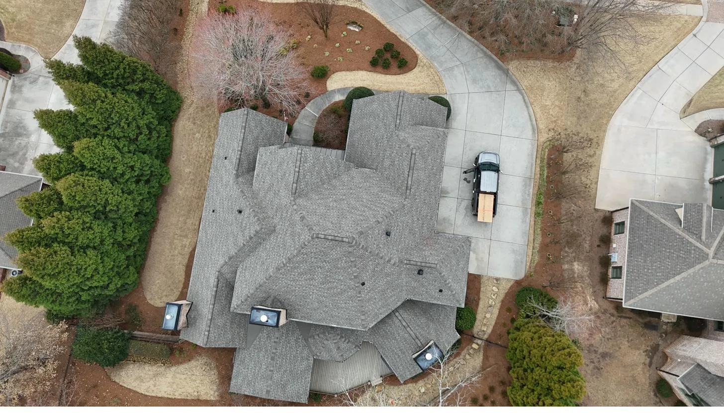 Drone view of new roof installation