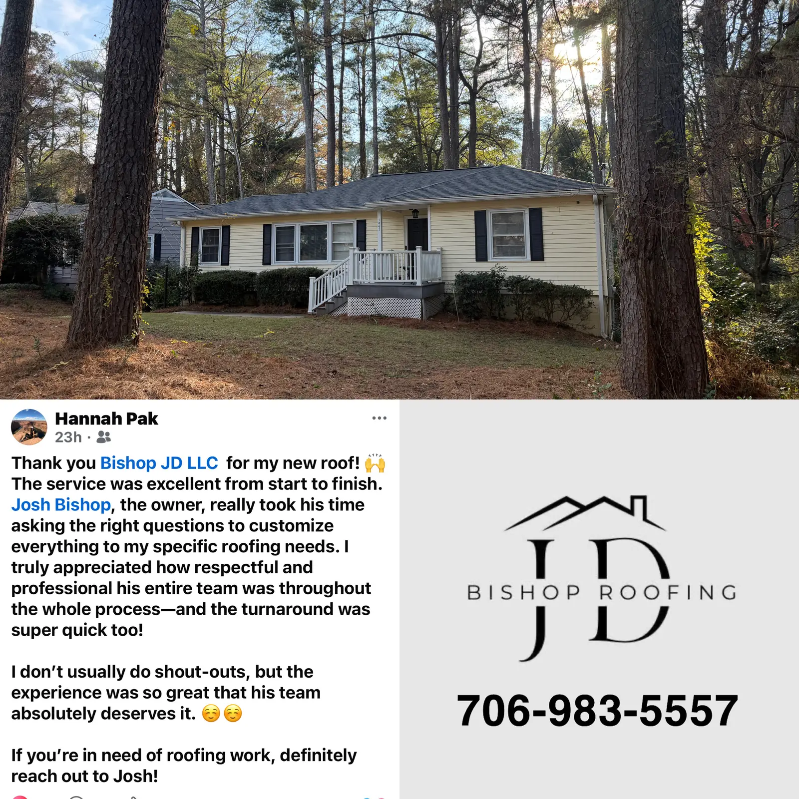 Five-star customer review for Bishop JD Roofing