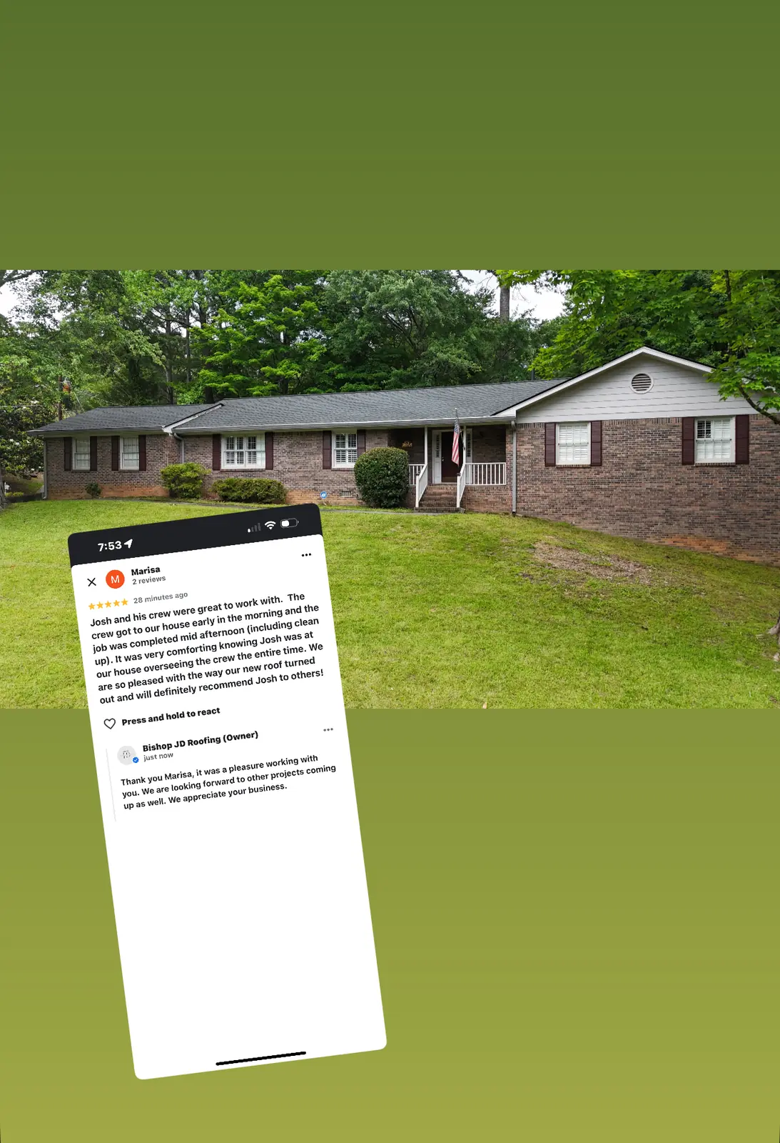 Five-star customer review for Bishop JD Roofing