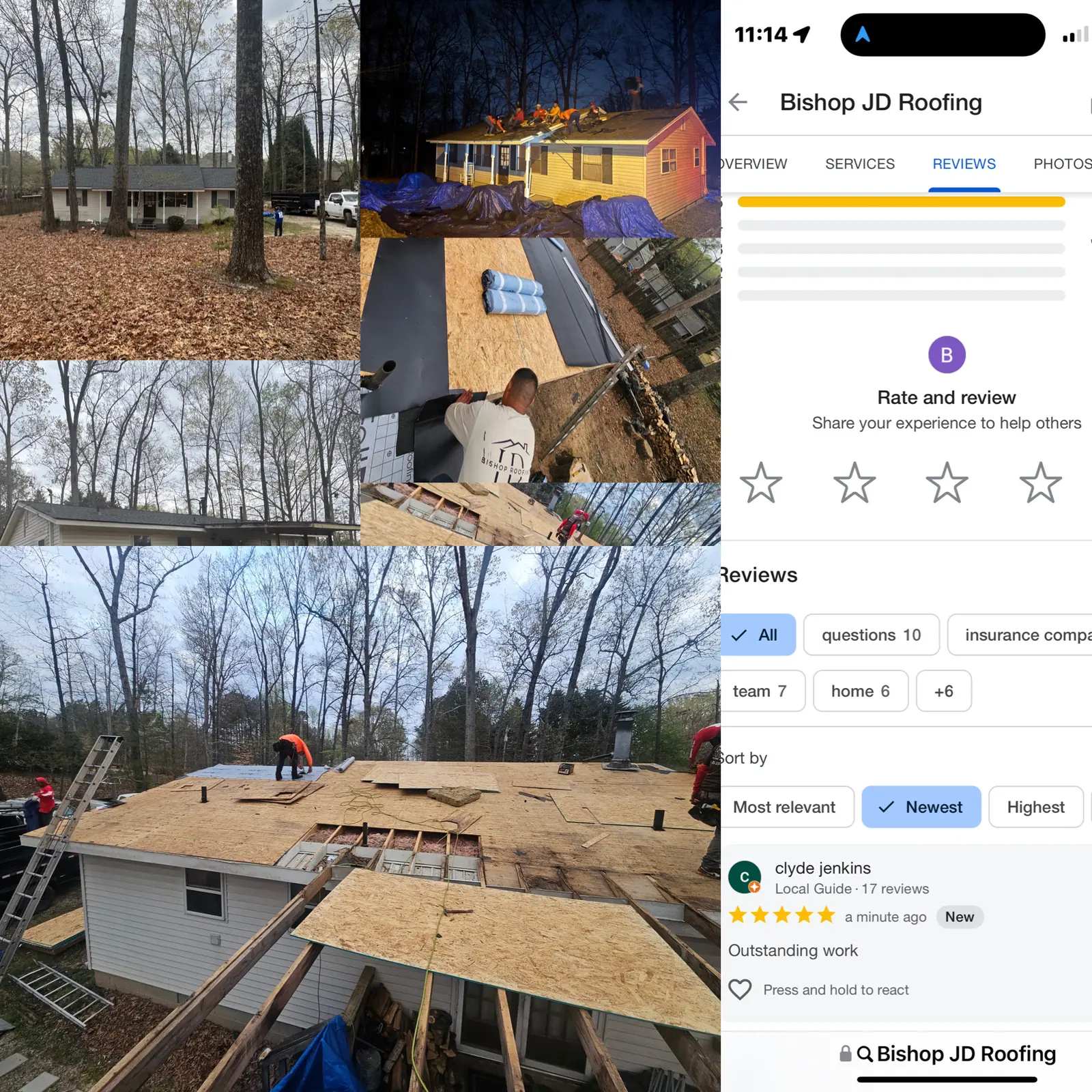 Five-star customer review for Bishop JD Roofing