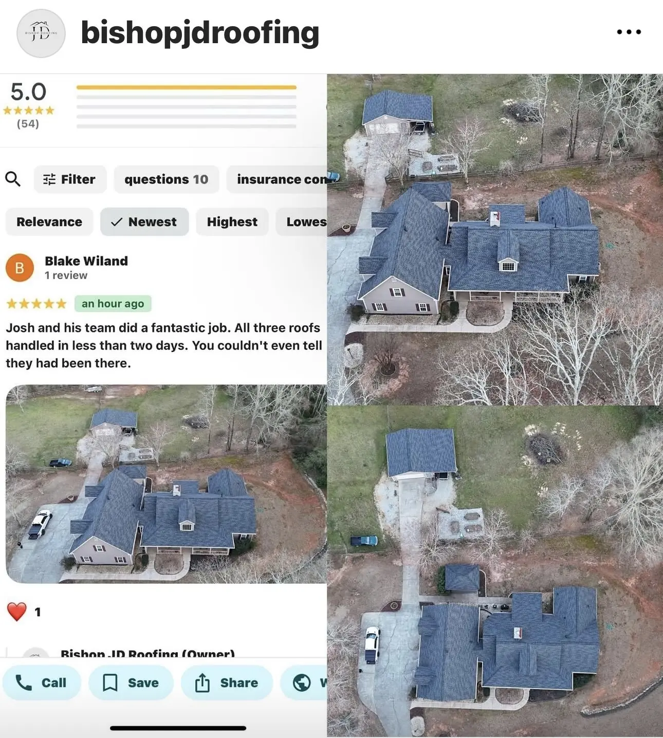 Five-star customer review for Bishop JD Roofing