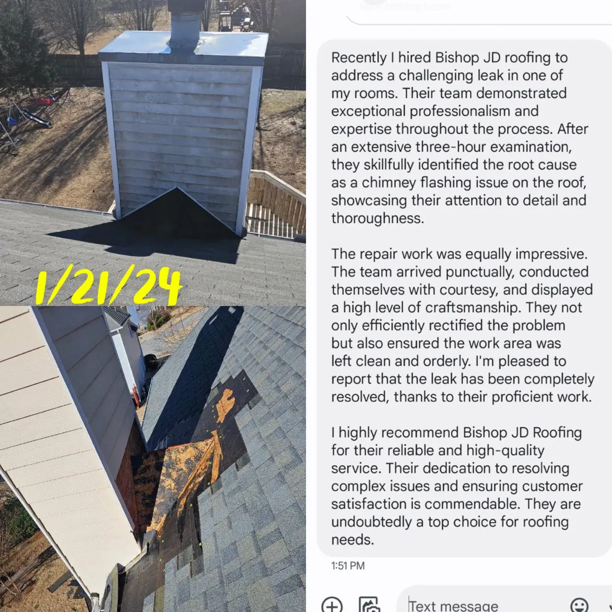 Five-star customer review for Bishop JD Roofing